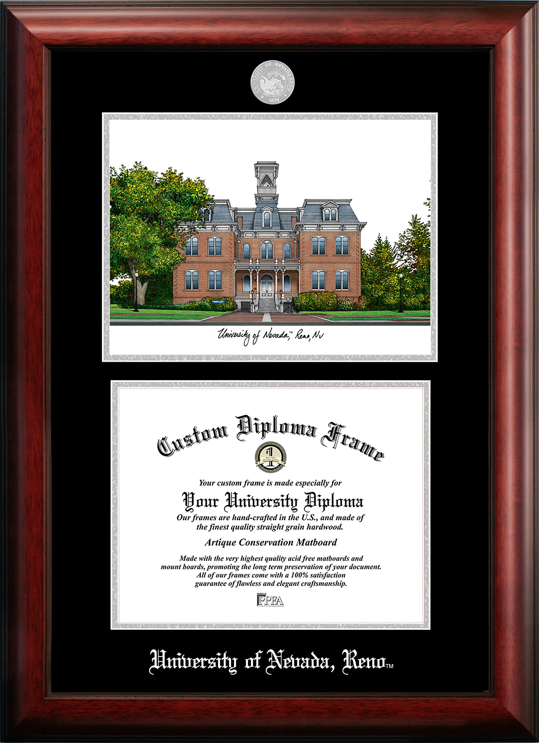 Campus Images NCAA Nevada Wolf Pack Unisex Silver Medallion Frame University of Nevada 11w x 8.5h Silver Embossed Diploma Frame Lithograph, Brown, One Size