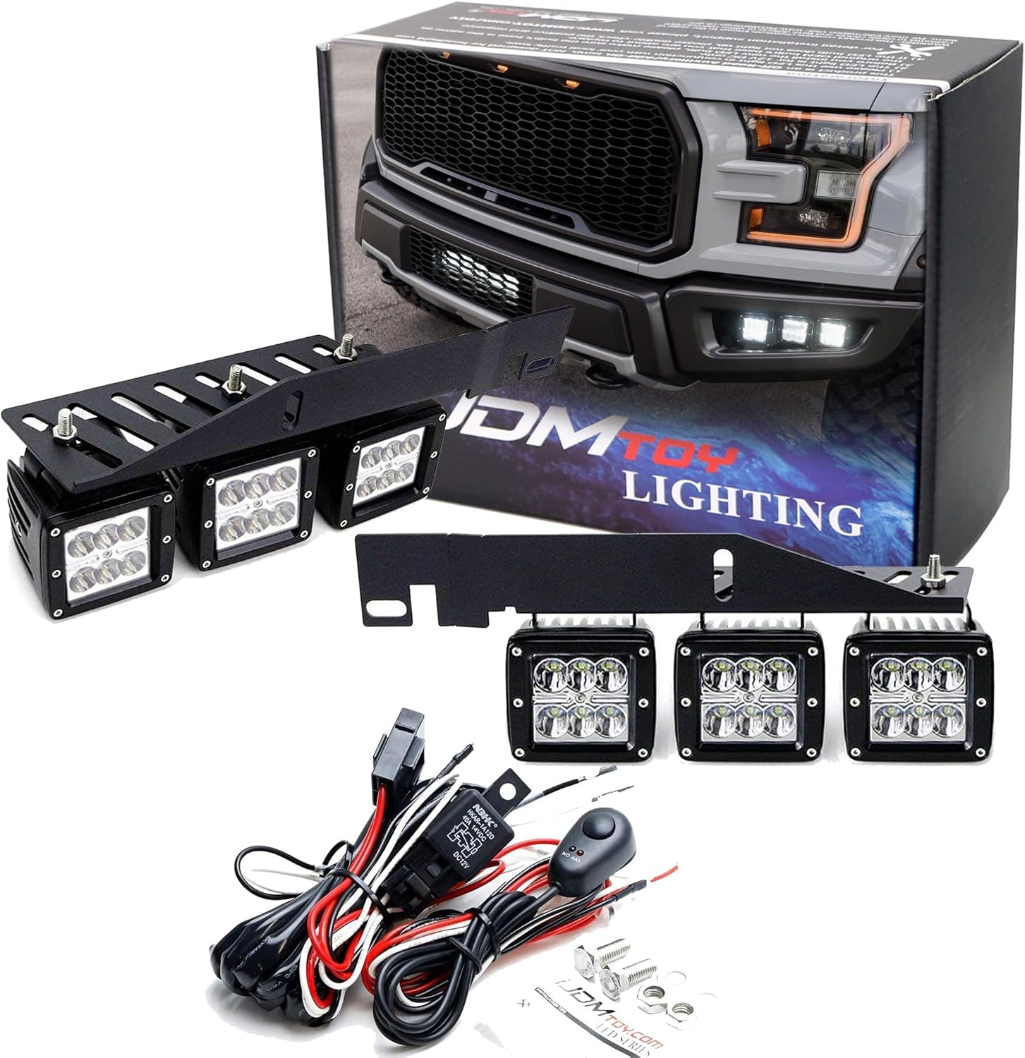 iJDMTOY LED Pod Light Fog Lamp Kit Compatible With 2017-2020 Ford F150 Raptor, Includes (6) 24W High Power 2x3 CRE LED Cubes, Lower Bumper Opening Area Mounting Brackets & On/Off Switch Wiring Kit