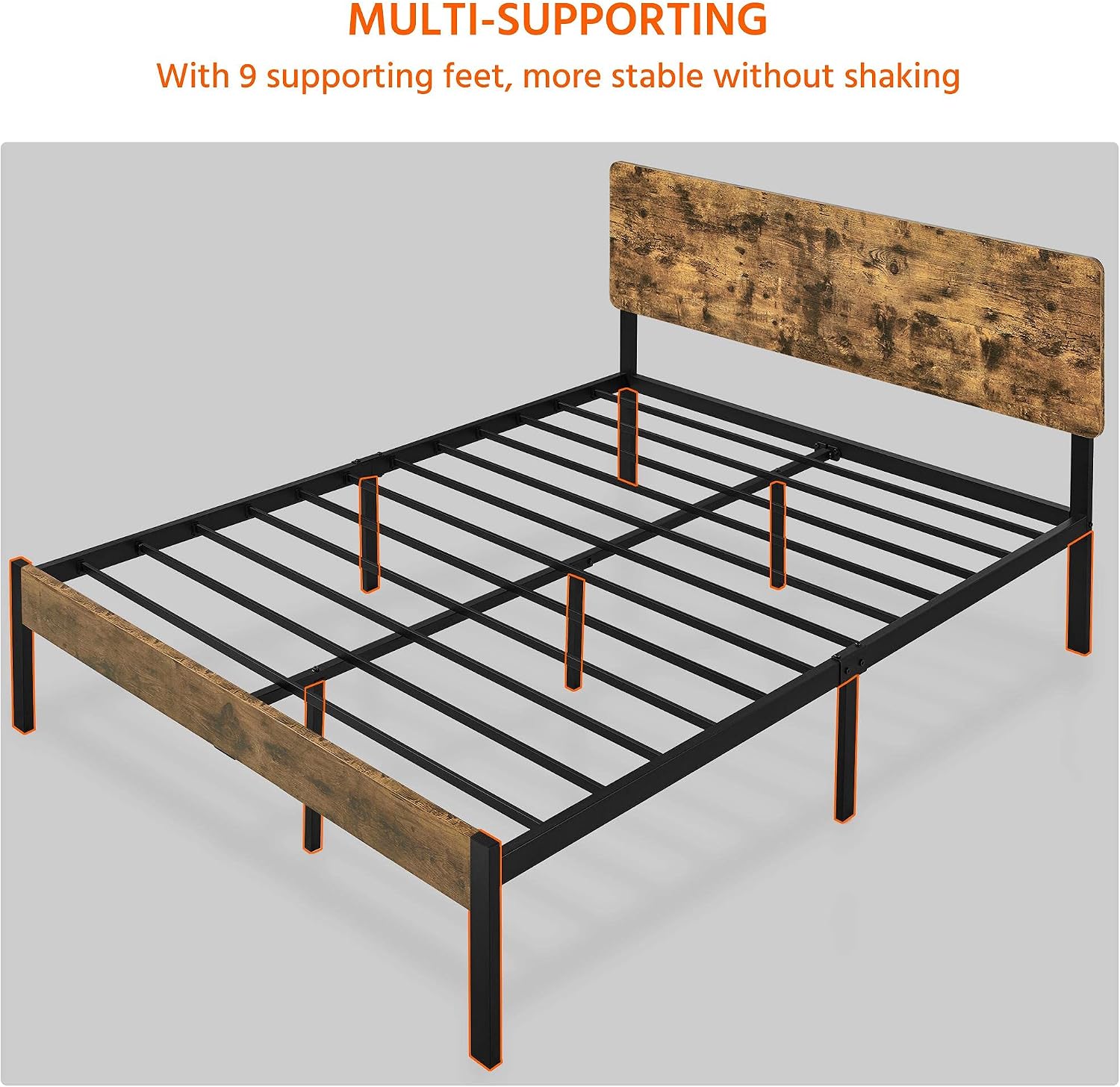 Yaheetech Metal Platform Bed Frame Queen with Wood Headboard and Iron Slats, Rustic Country Bed Base with Mattress Foundation/Strong Slats Support/12 Inch Underbed Storage/No Box Spring Needed, Brown