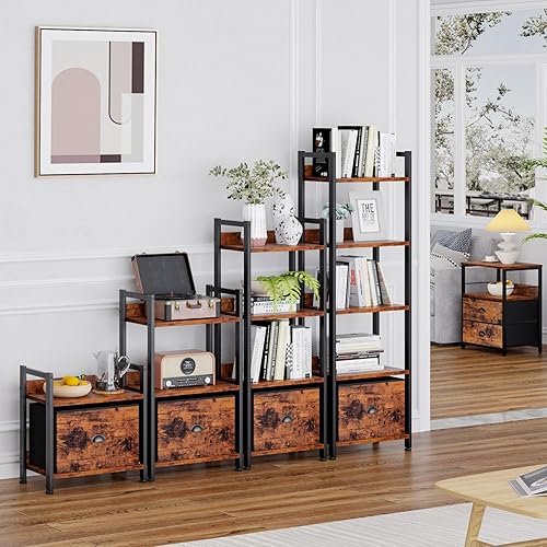 Miniatura 2 de Furologee Estantería de 5 niveles y mesita de noche con cajones de tela, estantería alta y estrecha con estantes, mesa auxiliar con estación de