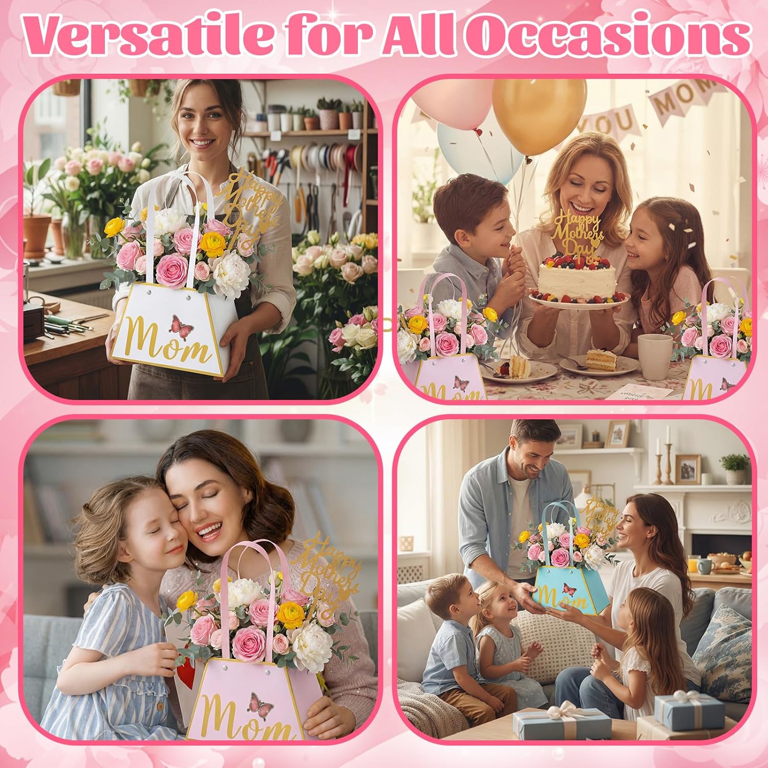 Yeyeplum 24 Pack Mothers Day Flower Paper Gift Bags Bouquet Bag Boxes with Handles and Decoration Topper Flower Boxes for Arrangements Mother's Day Birthday Anniversary