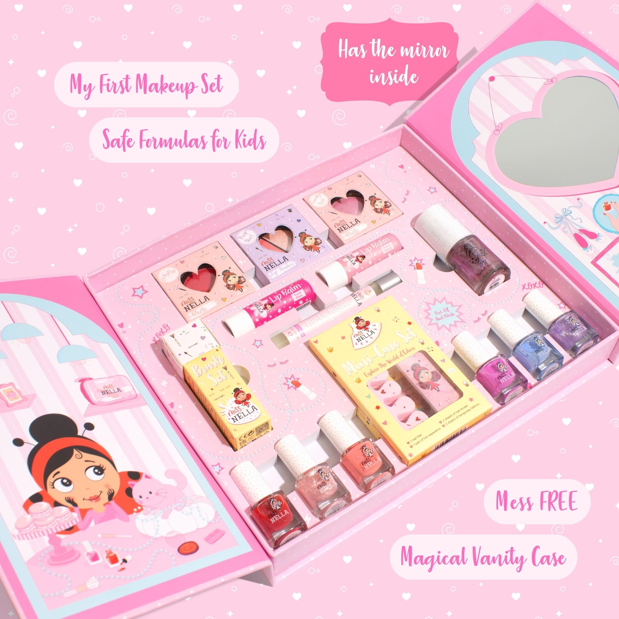 Miss Nella Sparkle & Glow Studio, Ungiftiges Kinder-Kosmetikset mit Peel-Off Nagellack, Lipbalm, Glitzer, 29 x 25 x 4 cm