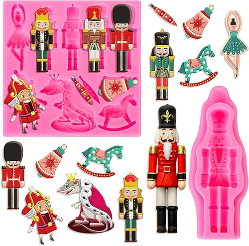 AnyDesign 2 moldes de cascanueces para fondant de Navidad, soldado, caballo, ratón, moldes de silicona, moldes de resina de Navidad, moldes de