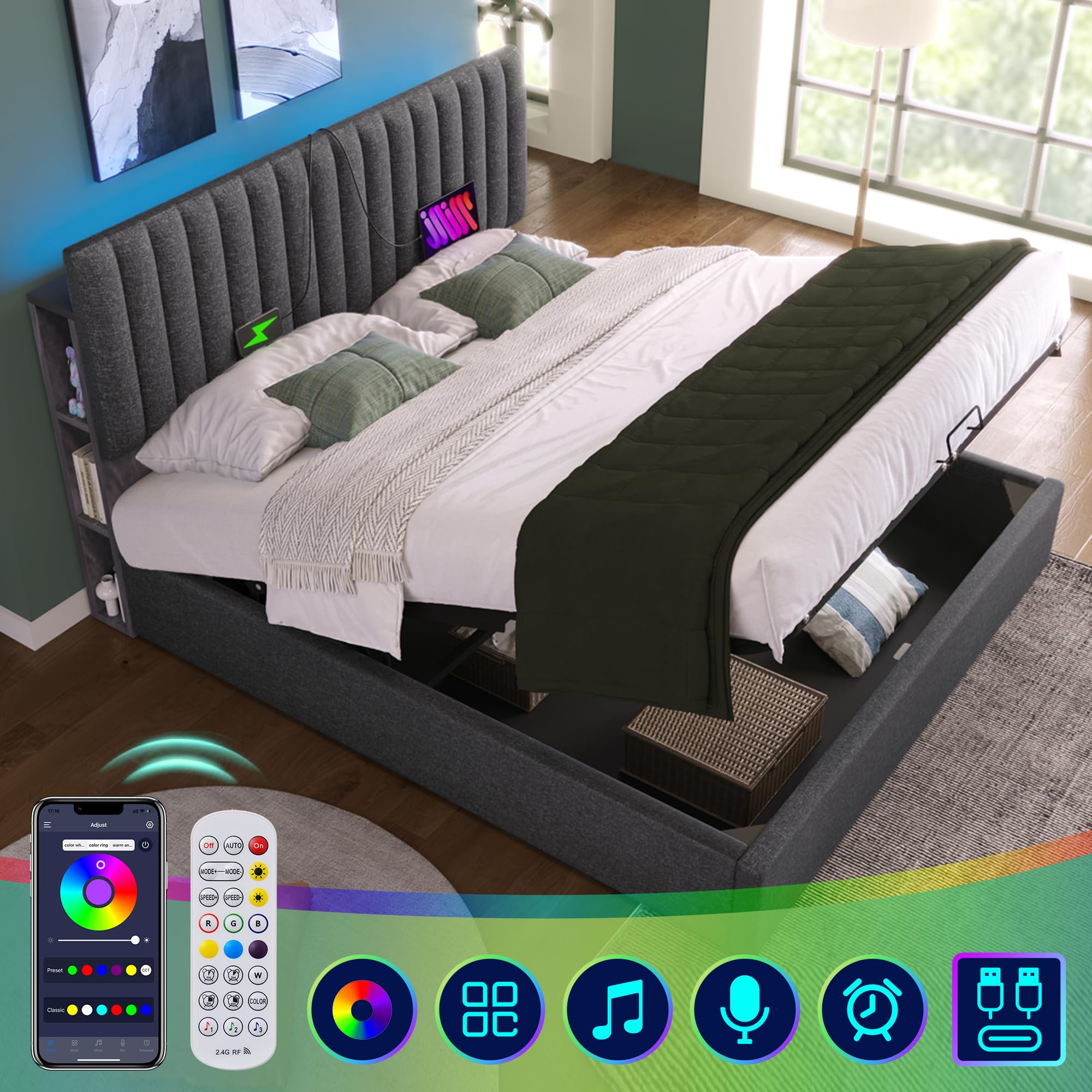 Letto imbottito idraulico con ricarica USB Tipo C e controllo tramite app LED bed matrimoniale testiera regolabile con vano portaoggetti letti contenitore ospiti grigio con materasso 140x200 cm