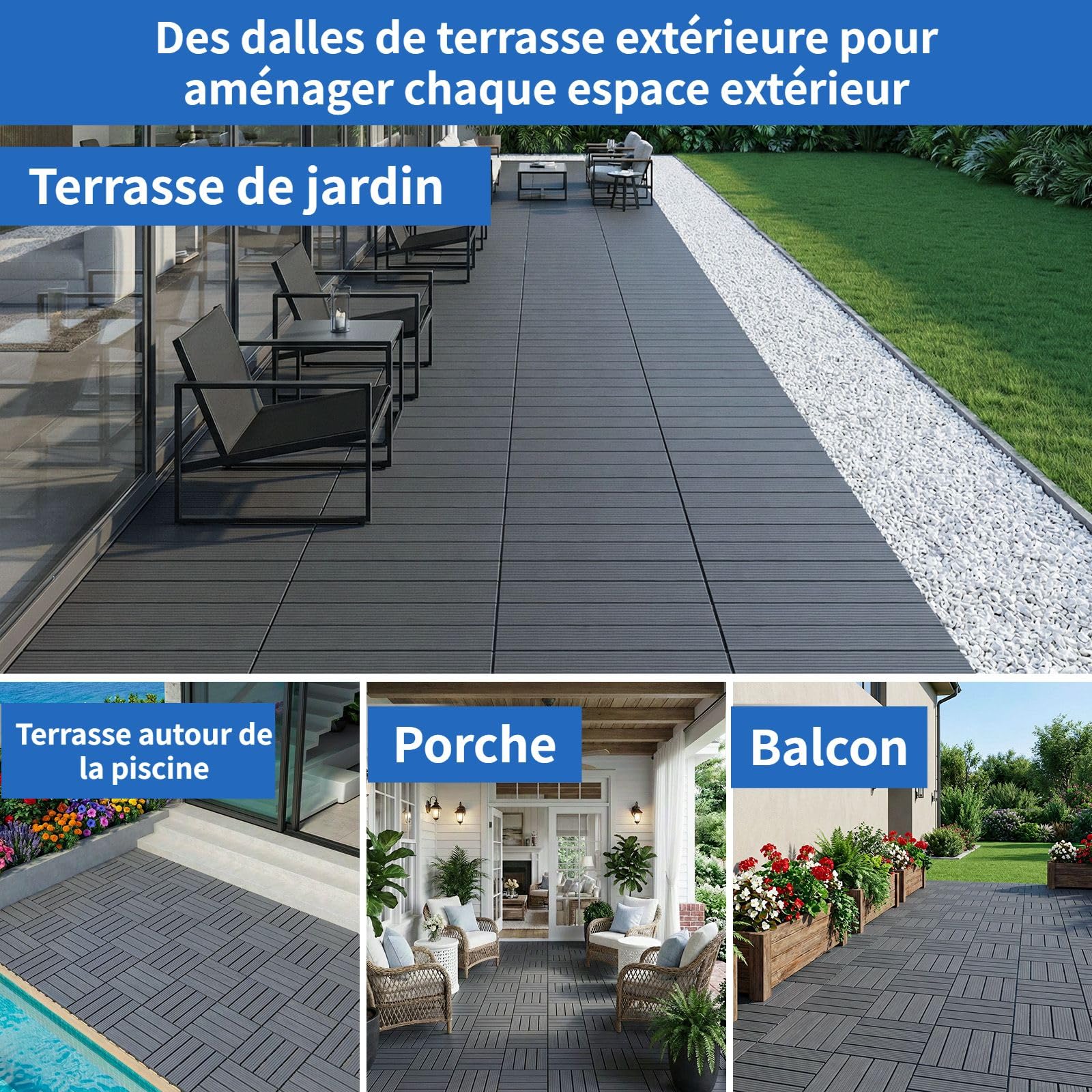 54 pièces Dalles de Terrasse Extérieure Clipsables(30x30cm),Dalles Clipsables Exterieur,Caillebotis Plastique Antidérapant à Drainage Rapide pour Jardin,Piscine,Balcon (54-gris foncé-30x30 cm,TW)
