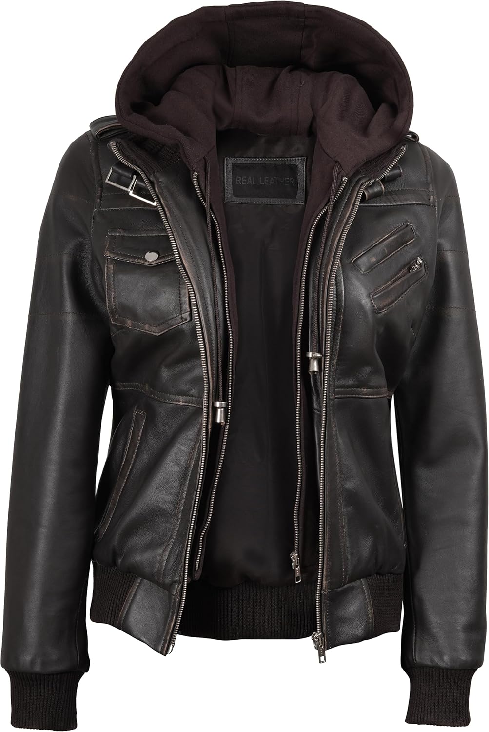 Decrum Detachable Hooded Leather Jacket Women - Real Lambskin Leather Bomber Jacket Women with Hood - Image 2