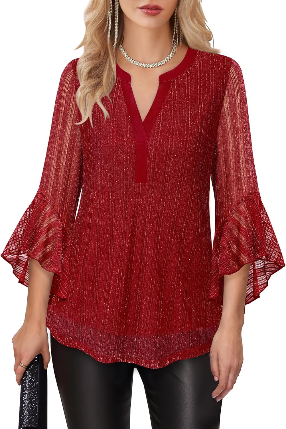 Lotusmile Women's 3/4 Sleeve Dressy Tops Elegant V Neck Blouse for Women Casual Work Evening Party