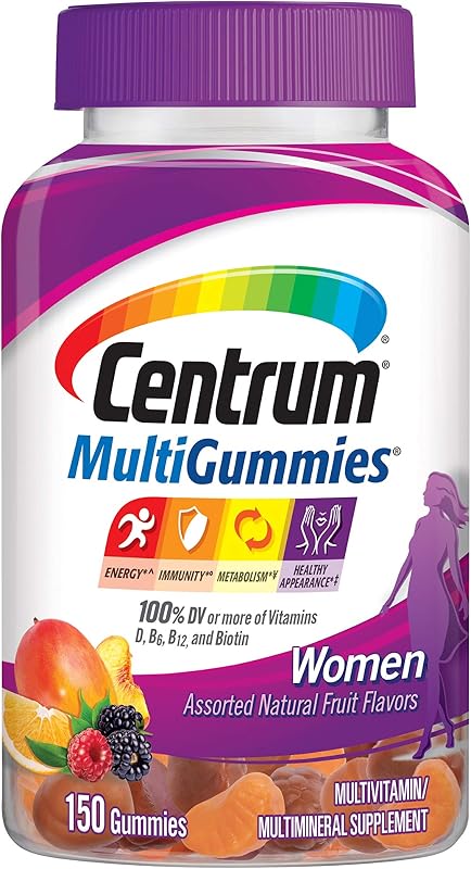 Centrum MultiGummies Gummy Multivitamina para mujeres, suplemento multivitamínico/multimineral con vitamina D3, vitaminas B y antioxidantes, sabor a fruta variada, 150 unidades