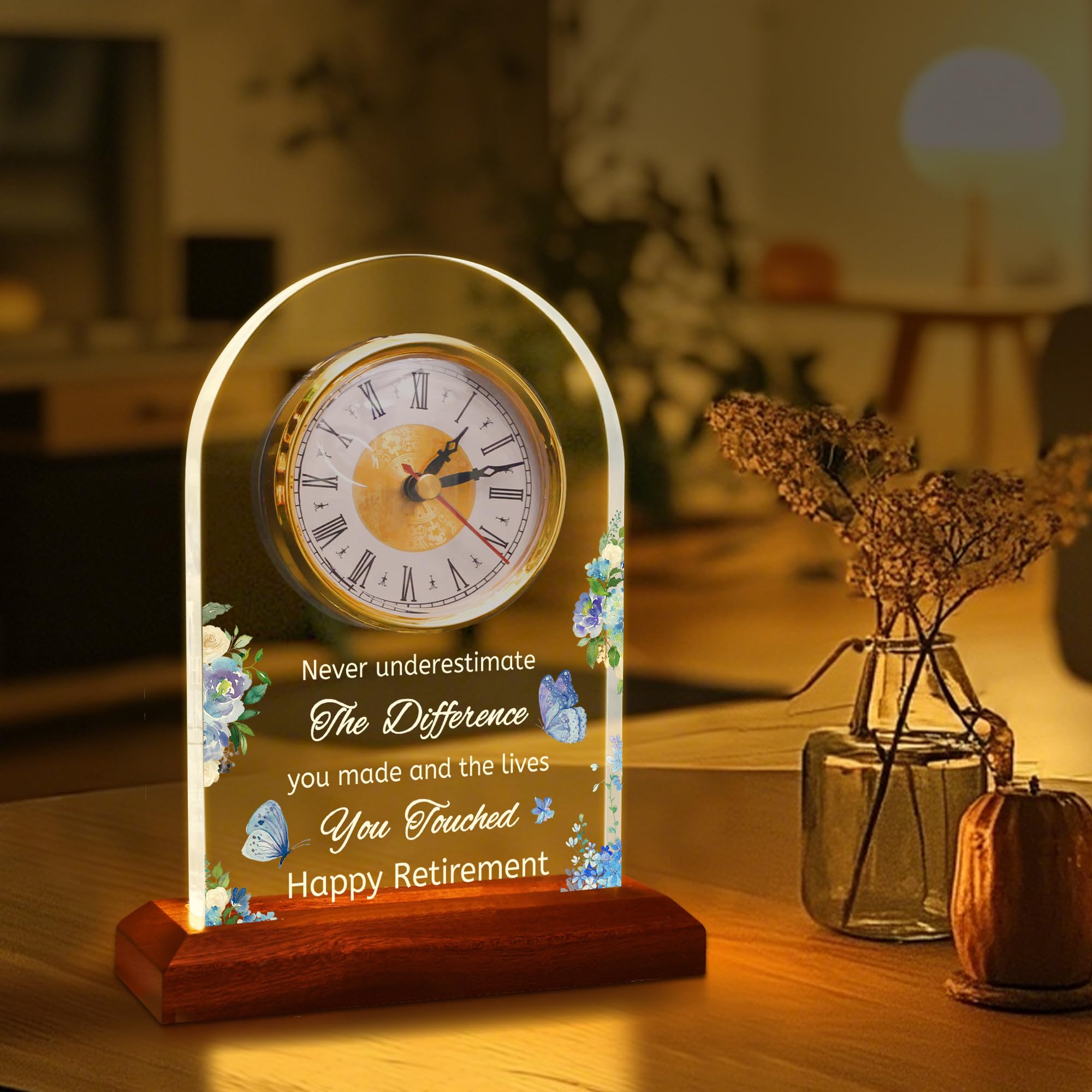 Light Up Quartz Clock Retirement Gifts for Women Men,Retirement Quartz Desk Clock with LED Wooden Base - Image 3