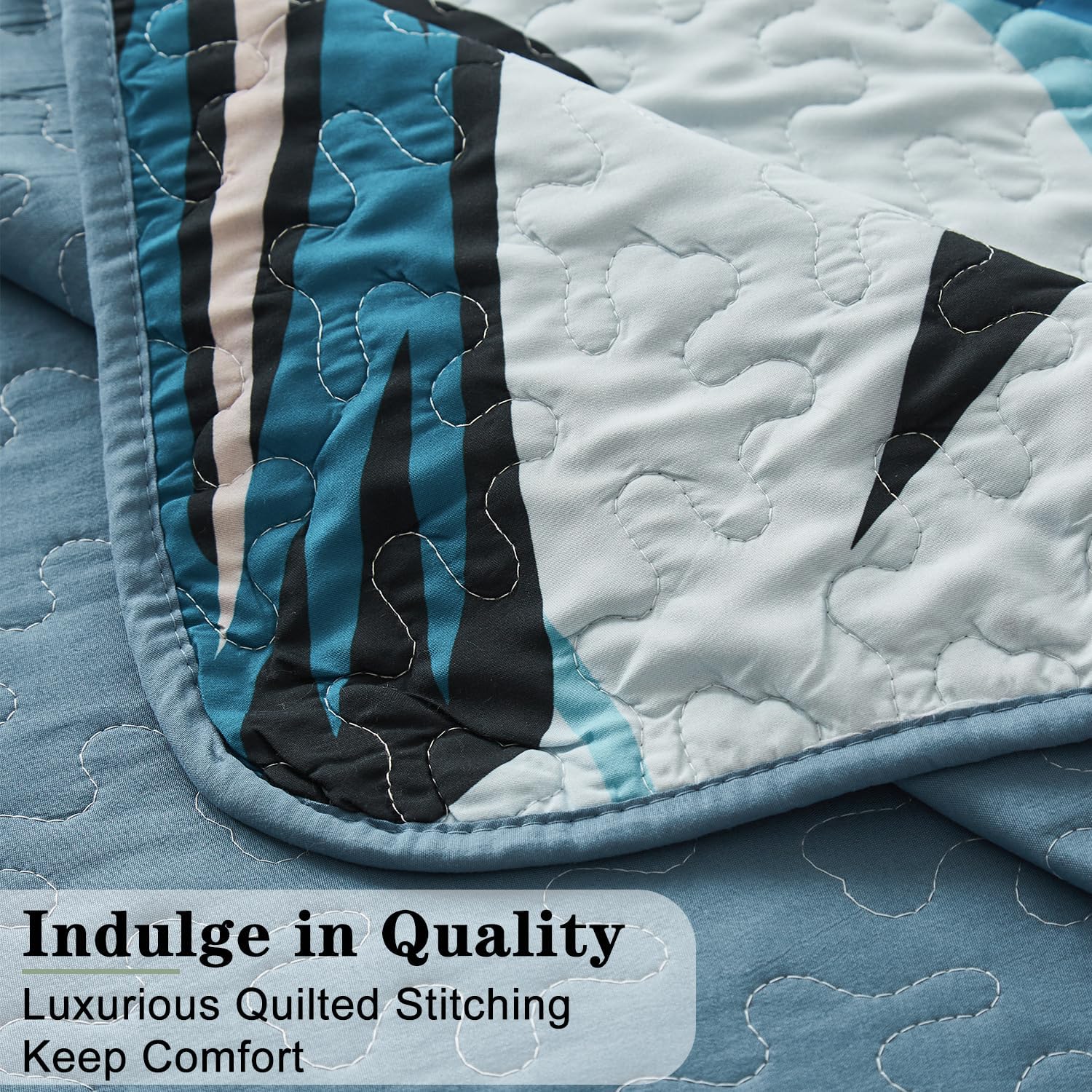 Yogeneg Queen Quilt Bedding Set,White Green Botanical Pattern Light Blue Full/Queen Quilt Set,3 Piece Lightweight Soft Summer Bedspread Coverlet with 2 PIillow Shams,All Season(Light Blue,90"x96") - Image 5