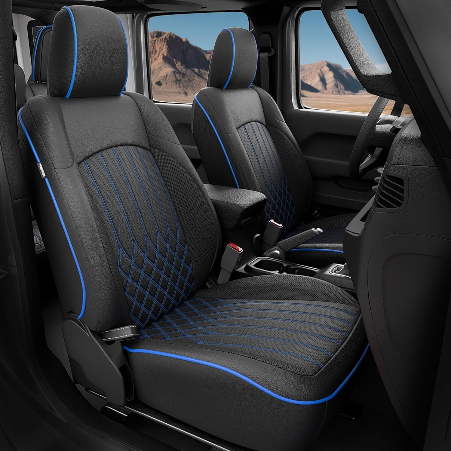 for Jeep Wrangler Seat Covers 4 Door JL 2026 2025 2024 2023 2022 2021 2020 2019 2018 Custom Seat Cover Full Set Faux Leather Without Rear Cup Holder - BlackBlue