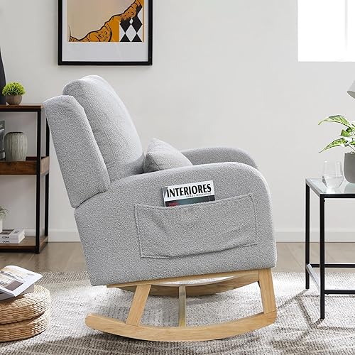 Miniatura 9 de Mecedora para guardería, mecedora tapizada con respaldo alado, mecedora con respaldo alto cómodo, reposabrazos curvado, almohada lumbar para sala de