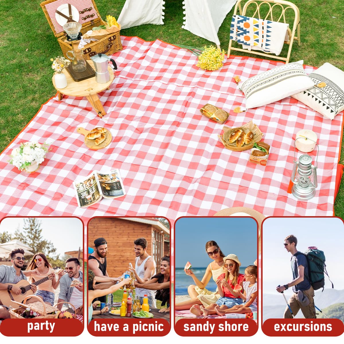Coperta picnic impermeabile 200x200cm pieghevole con maniglia rossa per viaggi campeggio spiaggia