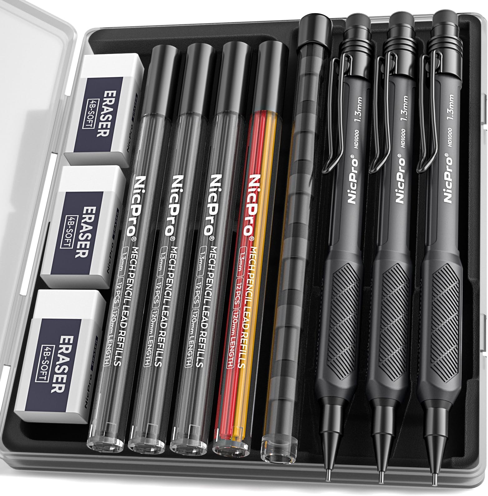 Nicpro 3 Pack Weatherproof Mechanical Pencil Set, 1.3mm Mechanical Pencils, Heavy Duty Lead Pencil for Outdoor All Weather Marking Drafting Drawing with 48 Lead Refills, Erasers, Case (Black, HD1000)