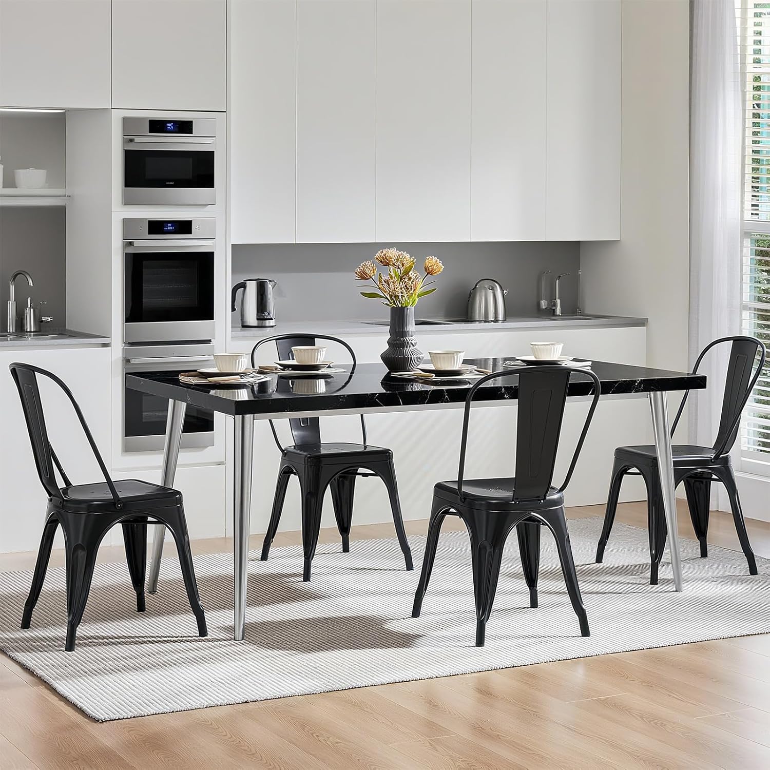 Sweetcrispy Metal Dining Chairs Set of 4, 18 Inch Stackable Restaurant Classic Trattoria Metal Chairs, Modern Bar Chairs for Dining Room Patio Outdoor 300LBS Weight Capacity, Black