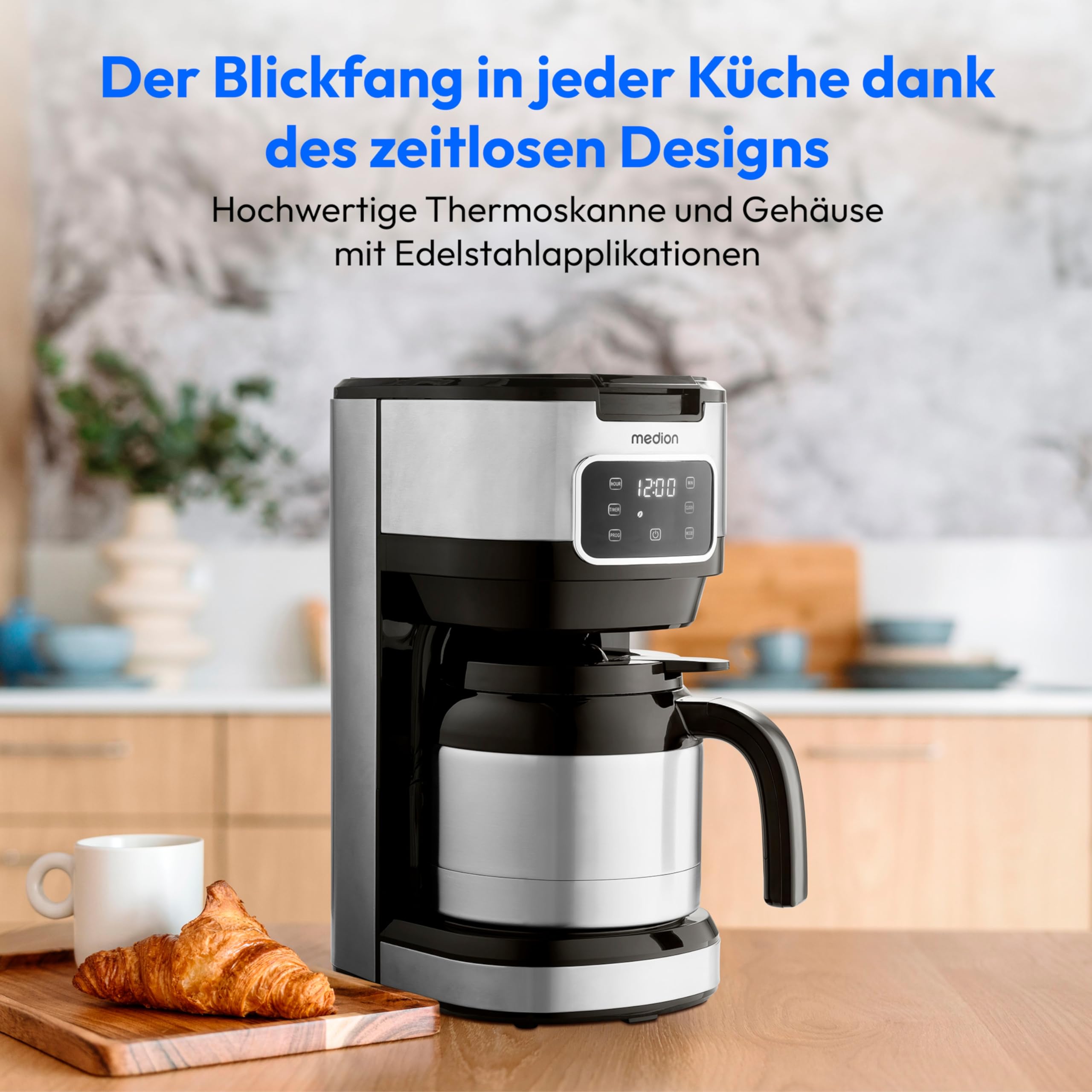 MEDION Kaffeemaschine mit Thermoskanne und Timer (Filtermaschine, 10 Tassen, 1,25 Liter, 900 Watt, Timer Zeitschaltuhr, Antitropf, Display, MD11019) edelstahl
