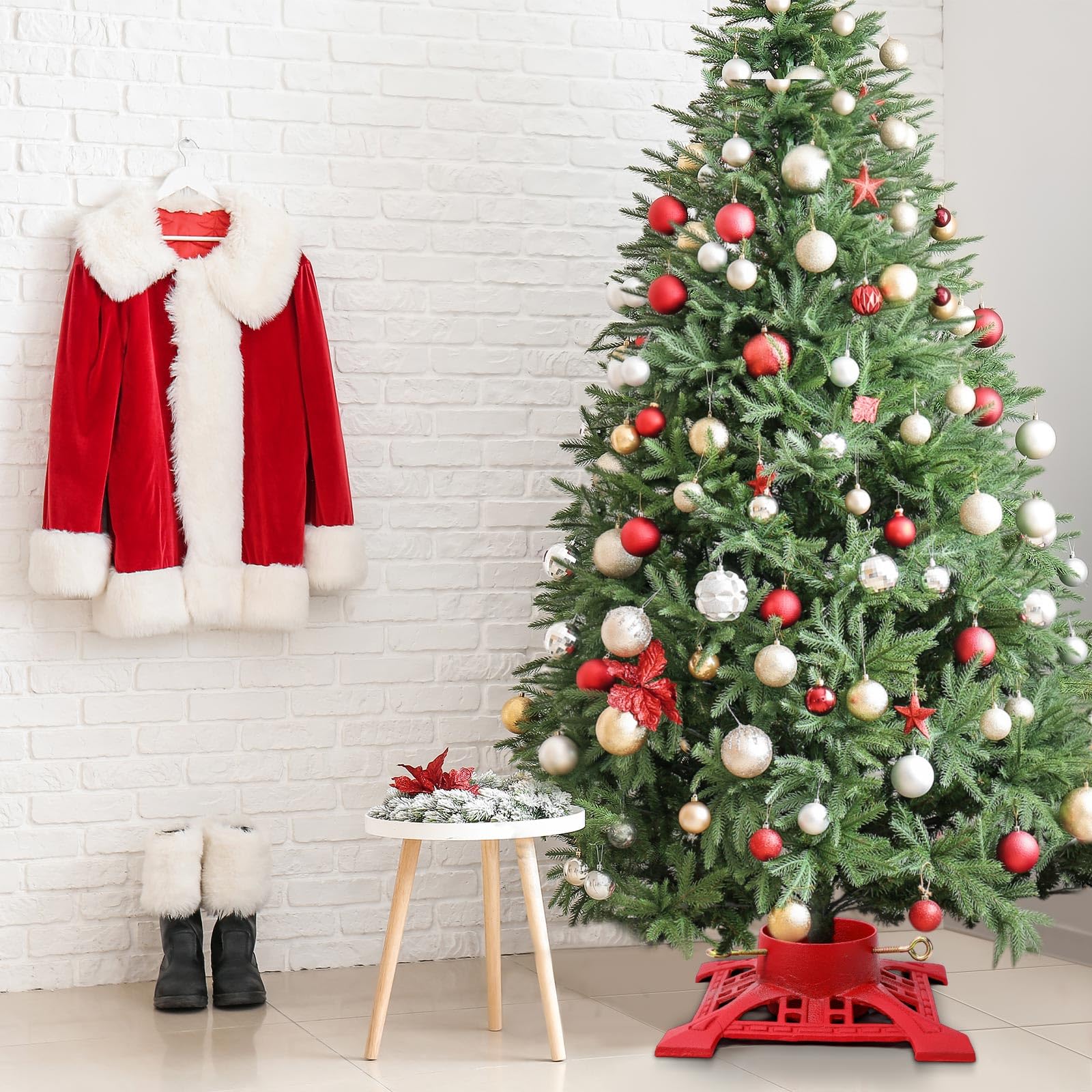 Huwena Support de sapin de Noël avec réservoir d'eau de 2,4 m, support de sapin de Noël artificiel véritable pour sapin de Noël jusqu'à 12,7 cm, base en fonte pour décoration rustique de Noël (rouge