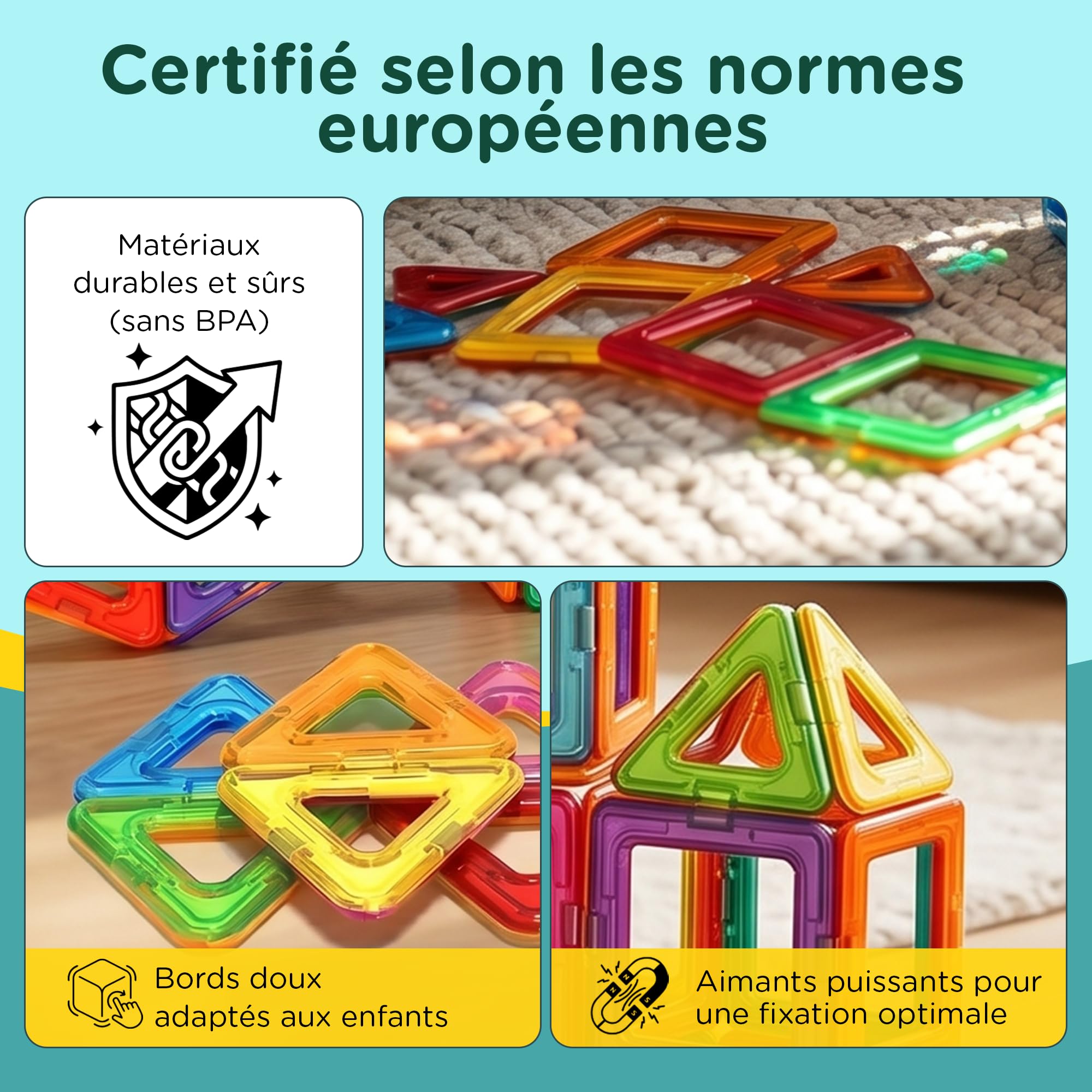 Jeu de Construction Magnétique Enfant 94 Pièces Tuiles Aimantées 3 Ans | 94 pieces, blocs et tuiles magnétiques, jouet éducatif STEM, inspiré Montessori, cadeau garçon fille, idéal voyage