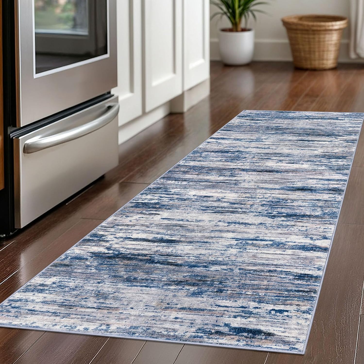 SIILOOM 2x5 Modern Abstract Runner Rug for Hallways, Navy Blue Gray Neutral Multi Super Soft Hallway Decor Kitchen Rugs with Non-Slip, Non-Shedding Washable Rug for Hallways Entryway Bedroom Indoor