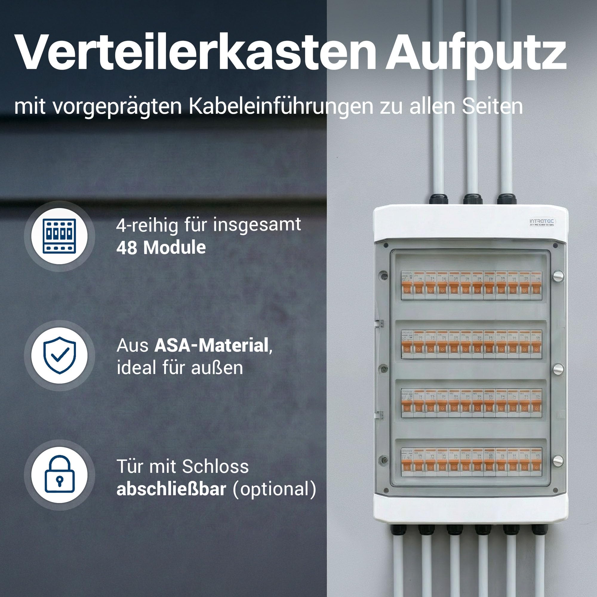 Intratec Verteilerkasten Aufputz 4 reihig – IP65 Sicherungskasten für 48 Module – Feuchtraum Verteiler für Garten, Keller, Garage & Außenbereich – 400VAC 1500VDC Kleinverteiler, 663 x 319 x 144 mm