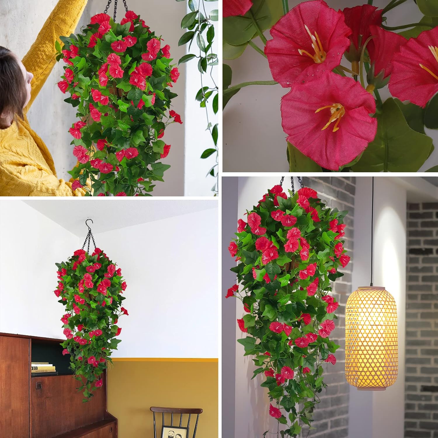 Artificial Fake Hanging Flowers Plants Basket for Spring Outdoor Outside Decoration, UV Resistant Faux Plastic Fabric Flower Morning Glory Wisteria Petunia for Garden Porch Patio Balcony Yard Decor