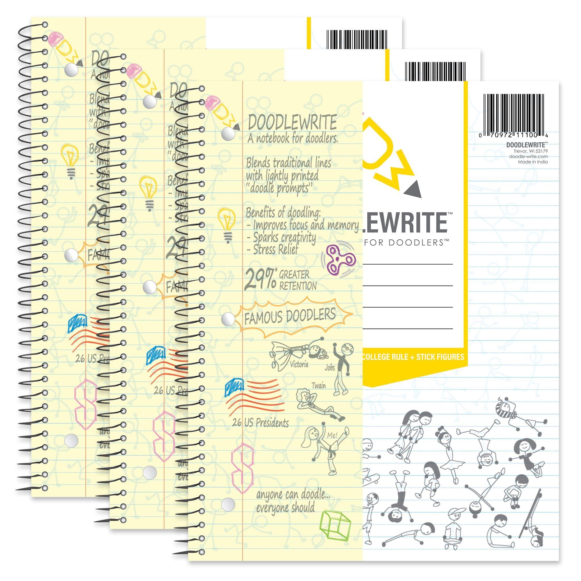 College Ruled Wirebound Spiral Notebook, 3 Pack, Includes Doodle Prompts to Keep Focus, Spark Creativity/Imagination, Relieve Stress, 11" x 8.5", 60 Sheets/120 Pages