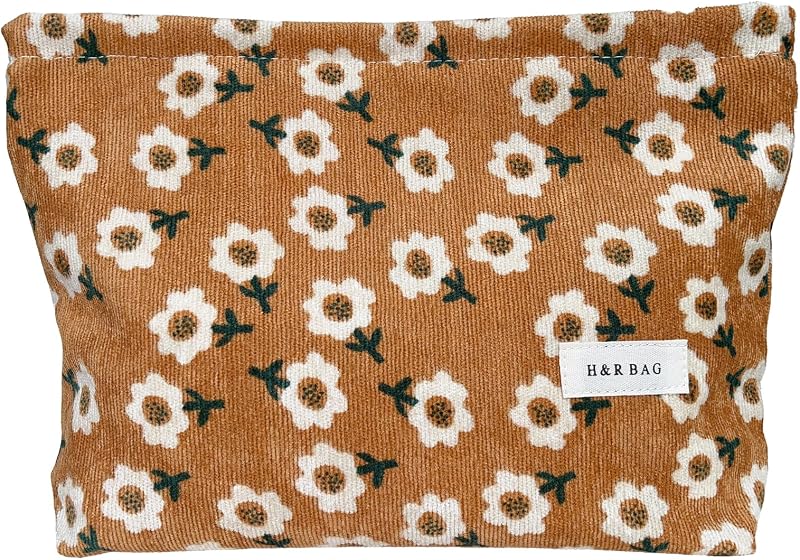 Mussepera Necessaire de veludo cotelê com estampa floral Tan Floral, 20,07 x 5,08 x 17,53 cm