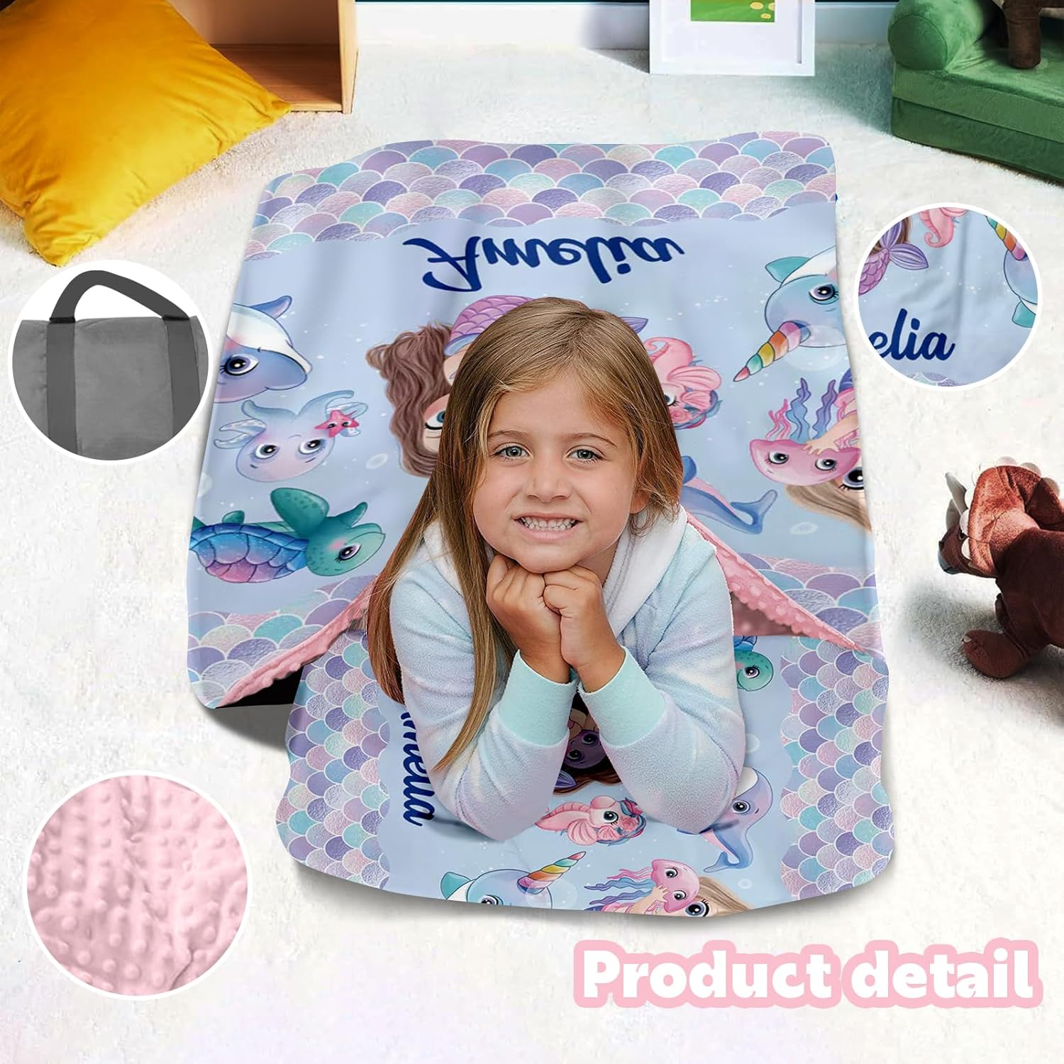 Personalized Toddler Nap Mats for Daycare - Custom Name Mermaid Kids Nap Mat for Preschool Kindergarten Girls Sleeping Bag with Pillow and Blanket, Thick Padded Easy Roll Up