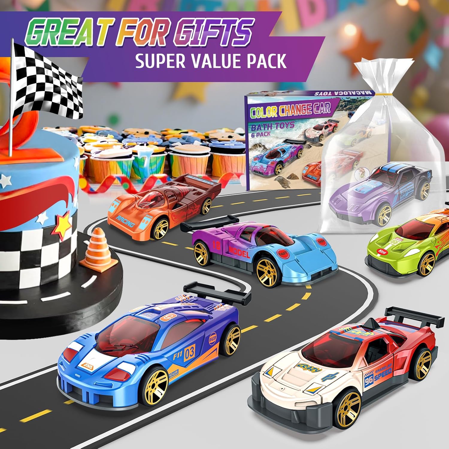 Color Changing Cars Toys Bath Toys for Kids Ages 1-3 4-8 Goodie Bags Fillers for Kids Grandkids Pool Water Toys Boys Birthday Car Gifts Sensory Die-Cast Toys Mini Sensory Toys Theme Party Giveaways