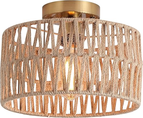 Hchunqjor Lámpara de techo tejida en oro antiguo costero, estilo rústico, bohemio, cuerda de cáñamo, latón, semiempotrada, para pasillo, dormitorio,