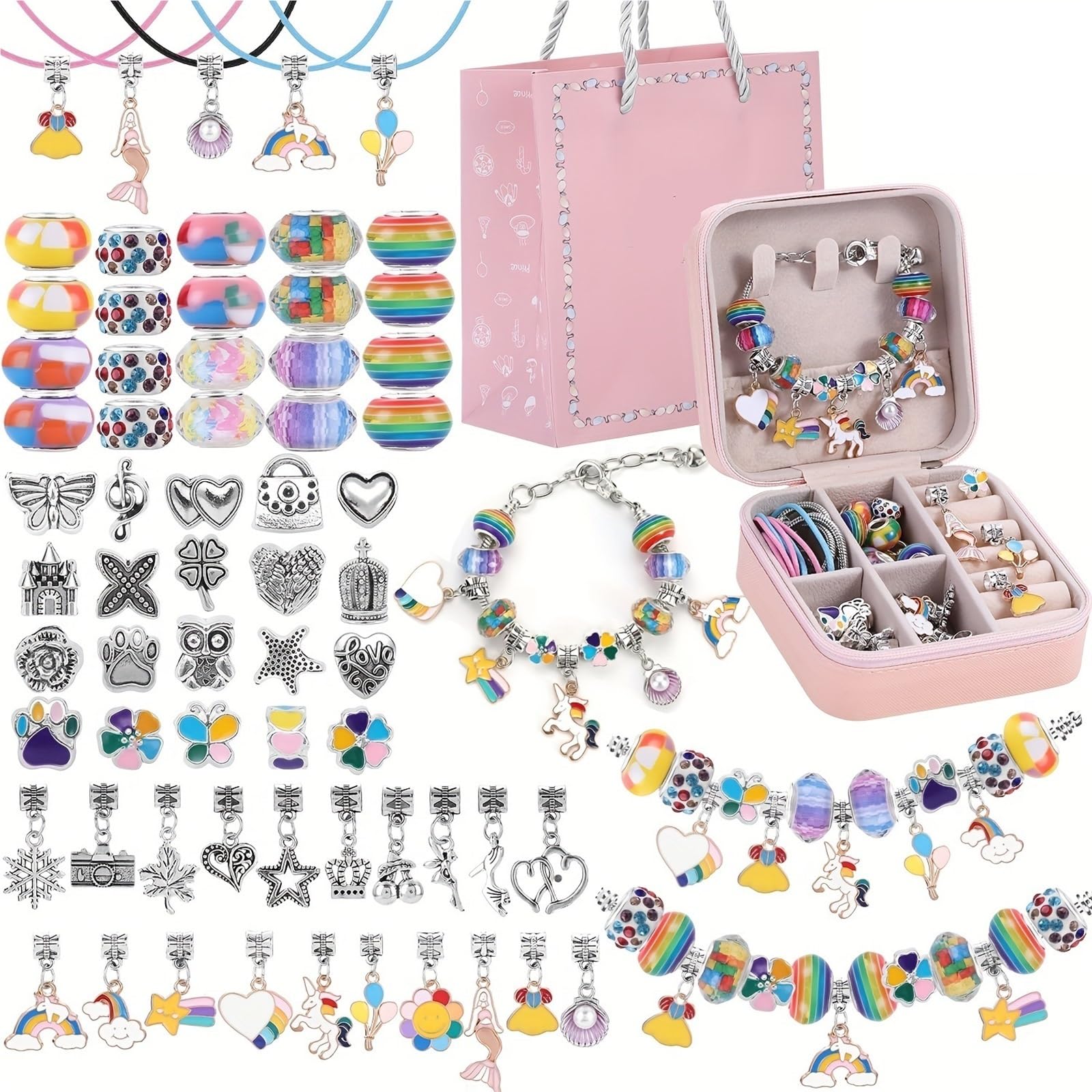 QuxetlRyz Craft Beading Kit 68Pcs Beads Charms Bracelet Making Kit, DIY Beaded Necklace Box(68pcs Color)