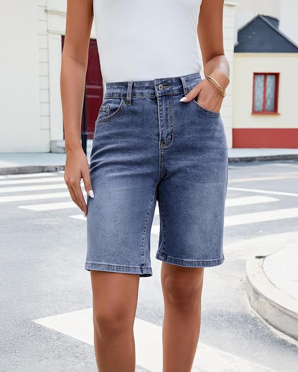 luvamia Bermuda Jean Shorts for Women High Waisted Trendy Stretchy Denim Shorts Knee Length Cutoff Loose Fit Long Woman Shorts Bay Blue Size XX-Large Fits US 20-22 by luvamia - Used condition - Image 2