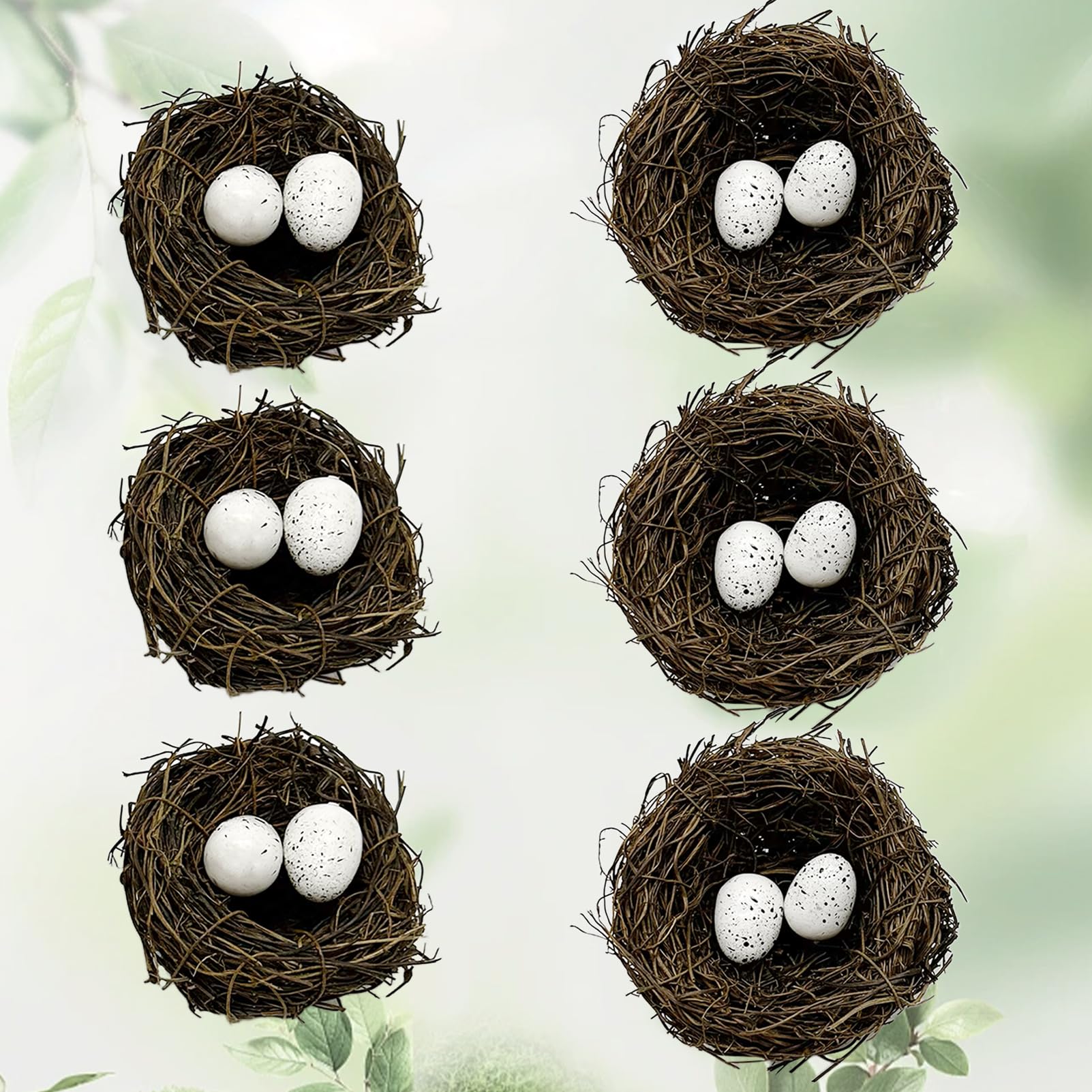 6pcs Small Faux Bird Nest with Eggs for Crafts, Artificial Rattan Birds Nest for Easter Wedding Home Paty Christmas Tree Decoration (6pcs Mixed Small Size Nest,12pcs Eggs)