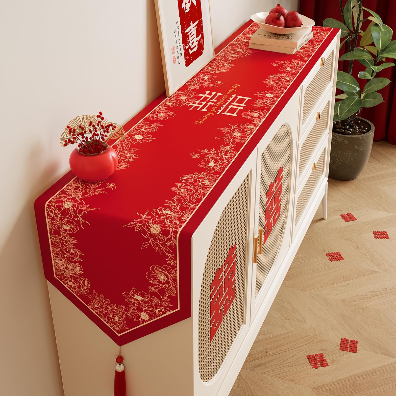 Rot Tischläufer Leinen Polyester, Deko Tischläufer Abwaschbar Chinesischer Hochzeitsstil Blumen und Blätter Muster mit Quasten Tischdecke für Küche Esstisch Dekor, 30x200 cm, Rot