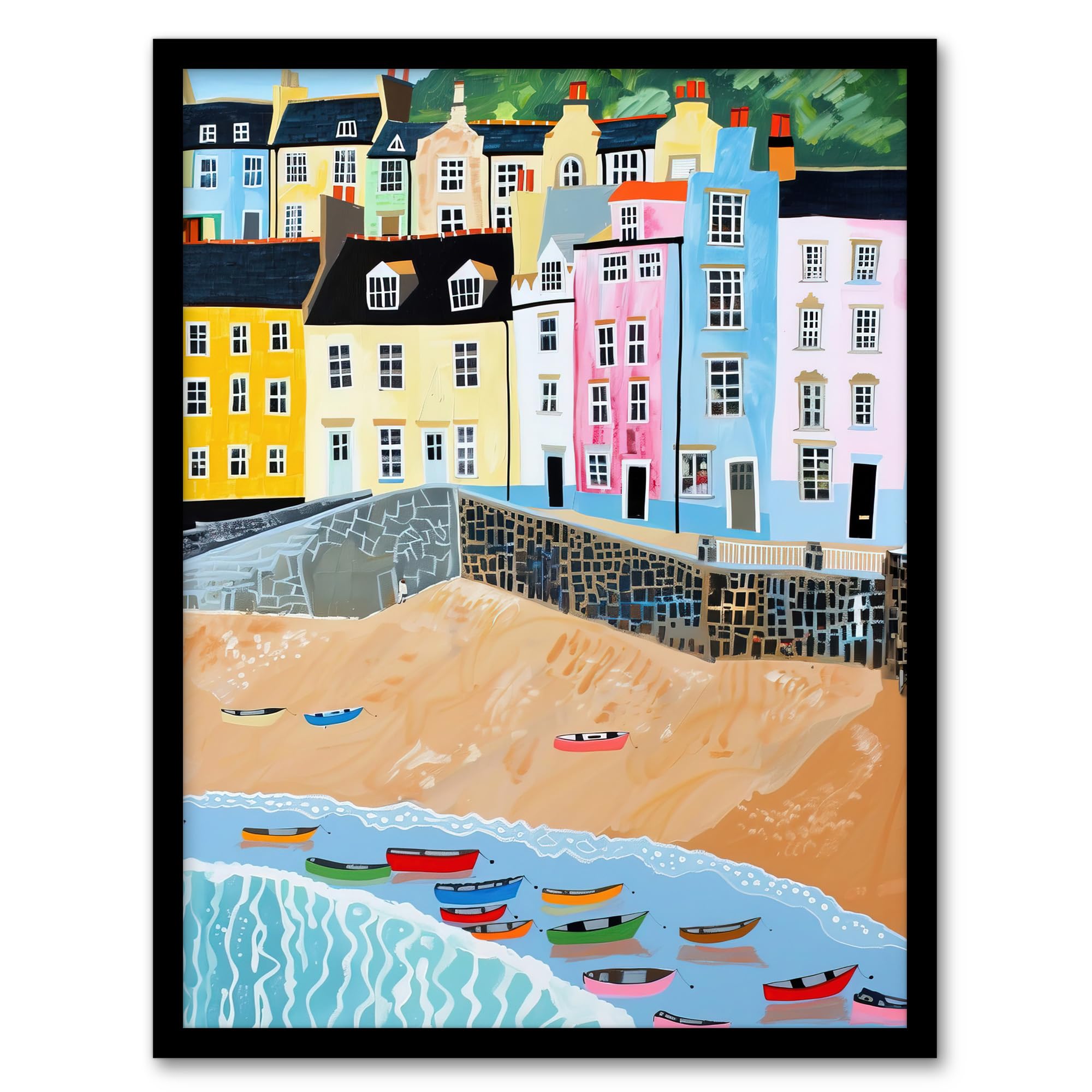 Artery8 Tenby Beach Harbour Colourful Coastal Townscape Living Room Artwork Framed Wall Art Print A4