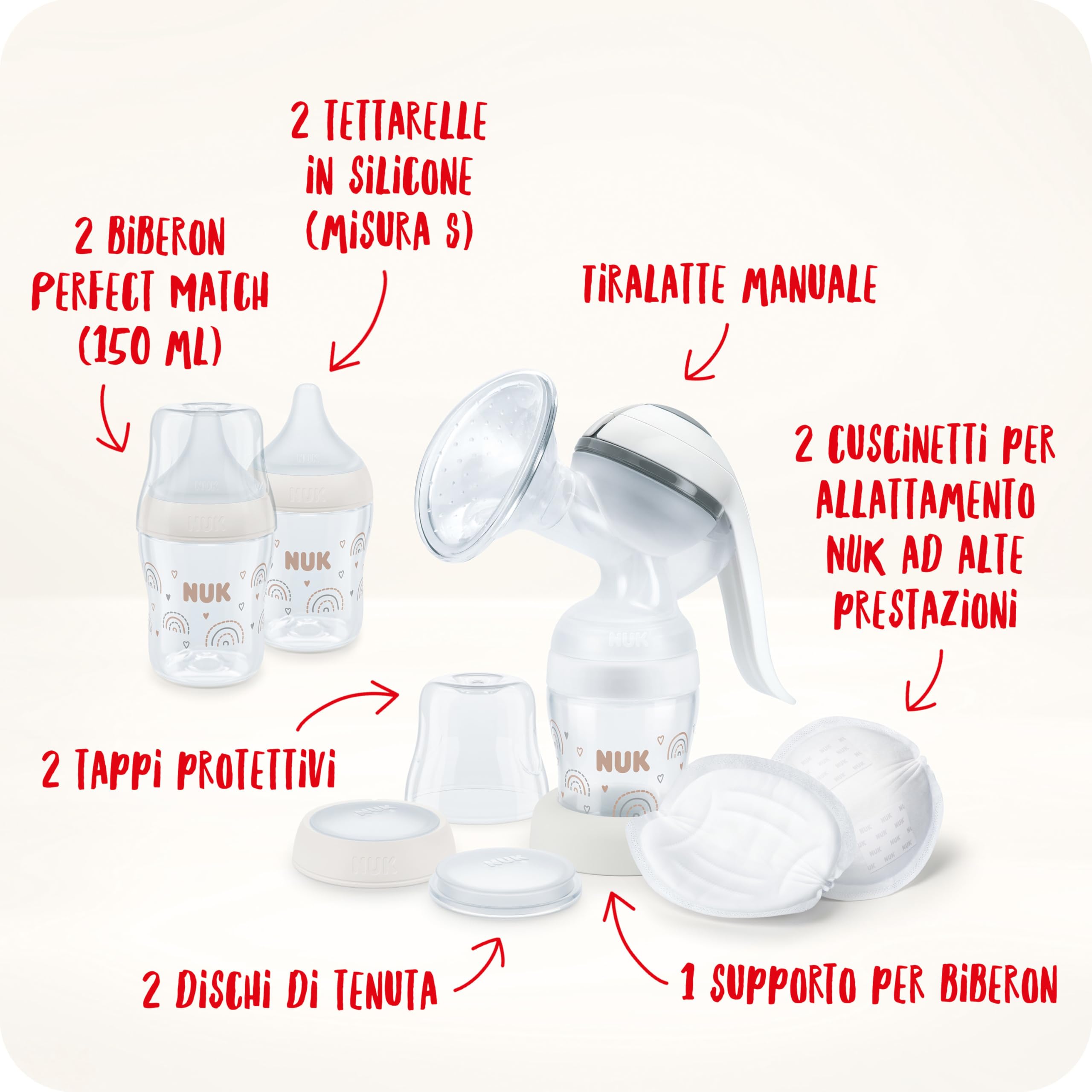 NUK tiralatte manuale | Cuscinetto in morbido silicone | Leva ergonomica | 2 x biberon Perfect Match | 150 ml | 2 x cuscinetti per il seno monouso NUK High Performance