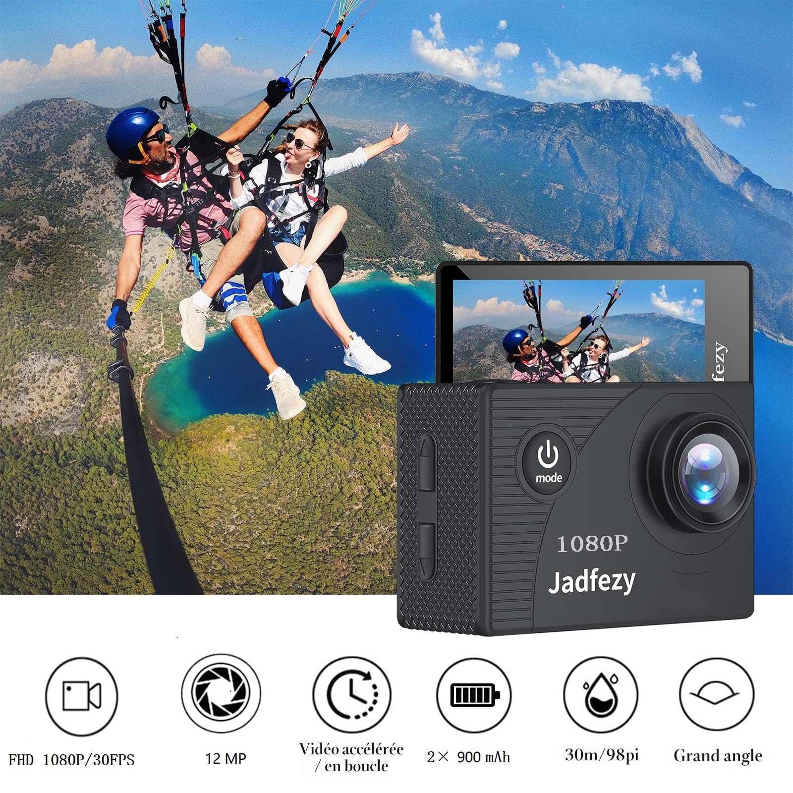 Camera Sport 1080P FHD avec Carte Mémoire 32GB,Etanche 30M Caméra d'action Grand Angle, avec Deux Piles Rechargeables 900 mAh Caméra Sport et kit d'accessoires（Nouveau 2026