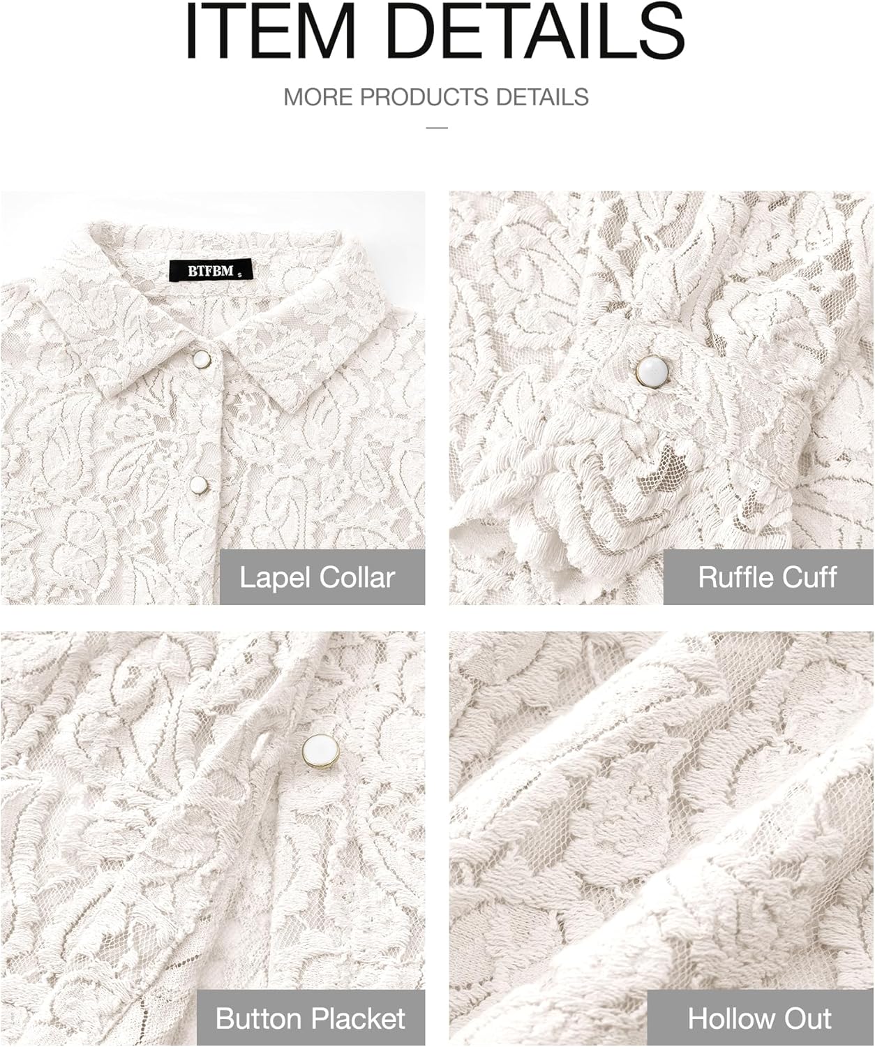 BTFBM Long Sleeve Lace Blouses for Women 2024 Fall Dressy Casual Button Down Shirts Date Night Outfit Club Party Tops - Image 4
