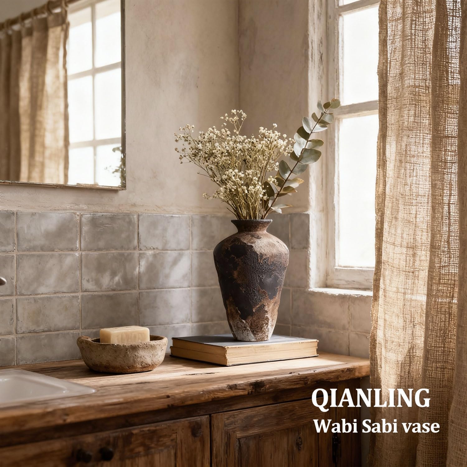 Wabi Sabi Decor Rusty Vintage Vase - 8.7" Tall Rustic Farmhouse Wabi Sabi Vase for Centerpiece, Pottery Stone Flower Vases for Home Decor, Table, Living Room, Bedroom, Bathroom, Kitchen (Smoky Earth) - Image 3