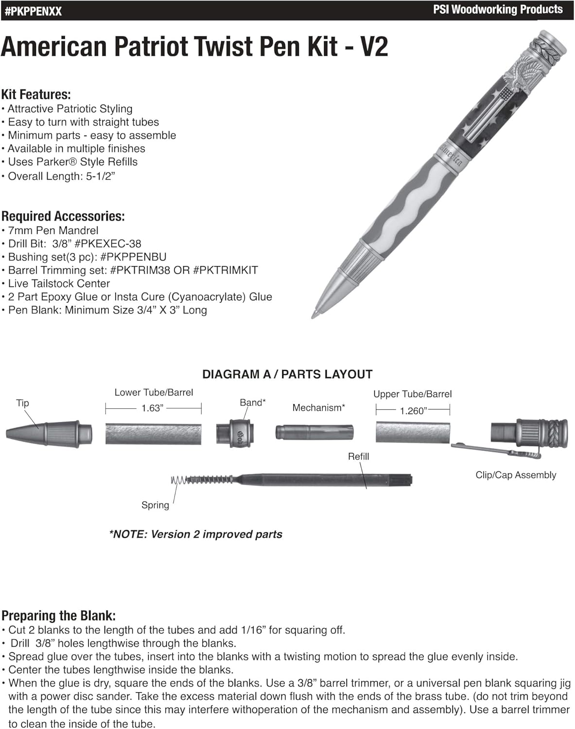 Penn State Industries PKPPENSS American Patriot Pen Kit Starter Package Woodturning Project