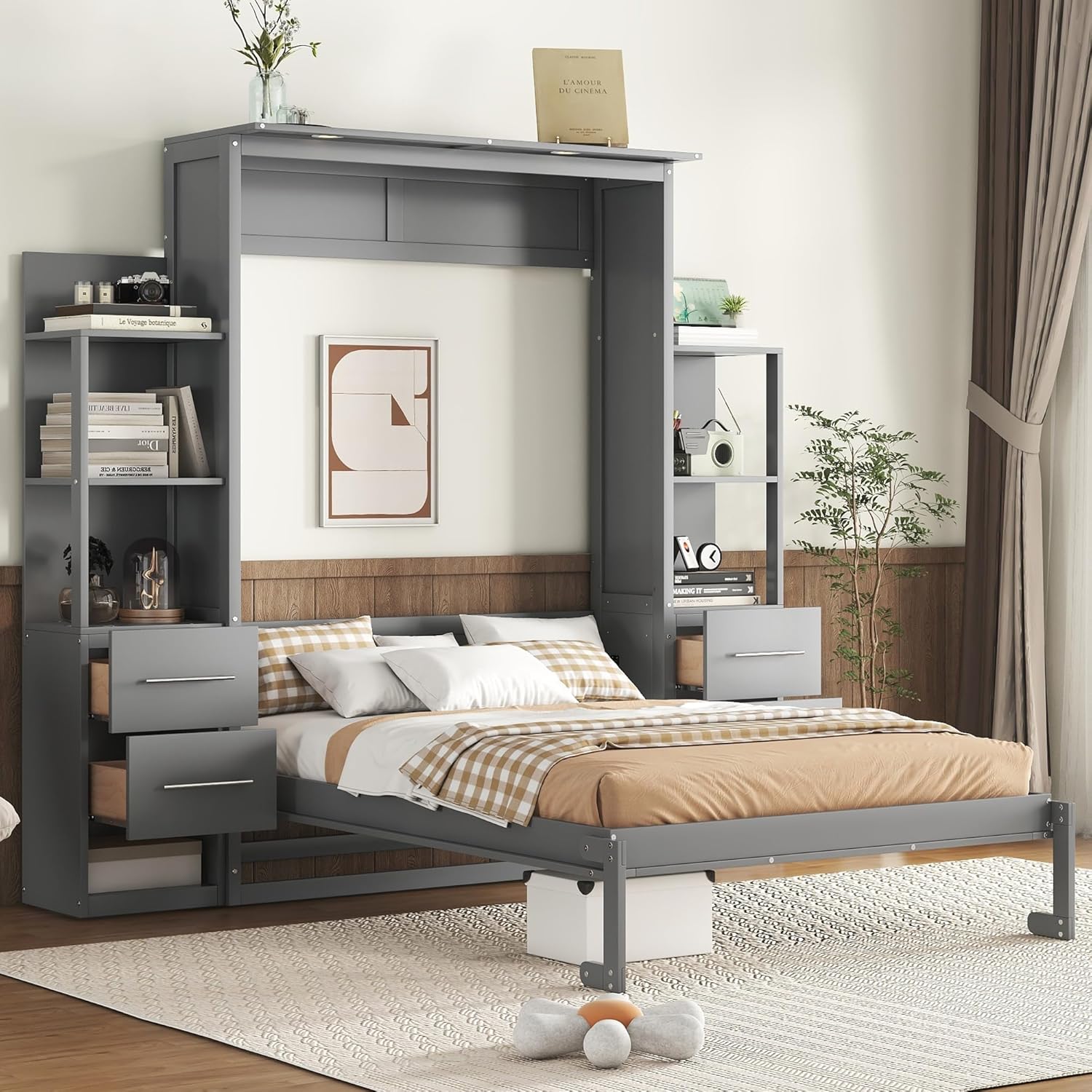 Detailed diagram showing the dimensions of the Merax Full Horizontal Murphy Bed Cabinet in both open and closed configurations.