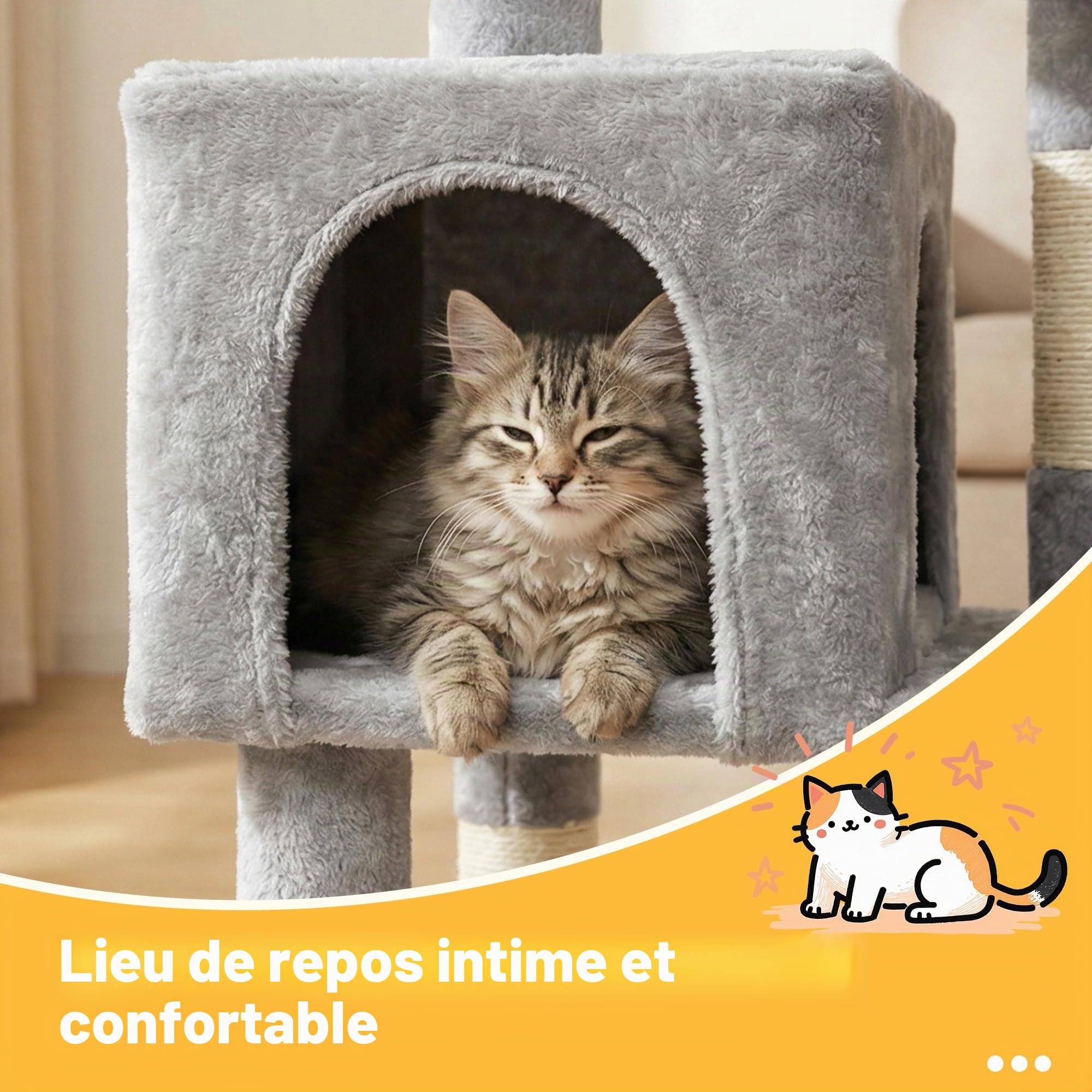Hey-brother Arbre à Chat, Un Tour de Jeux pour Chats avec Jouets, Une Tour pour Chats intérieure équipée d'un perchoir bourré de Peluche et d'un hamac Confortable, Gris 0EMPJ004SW-N