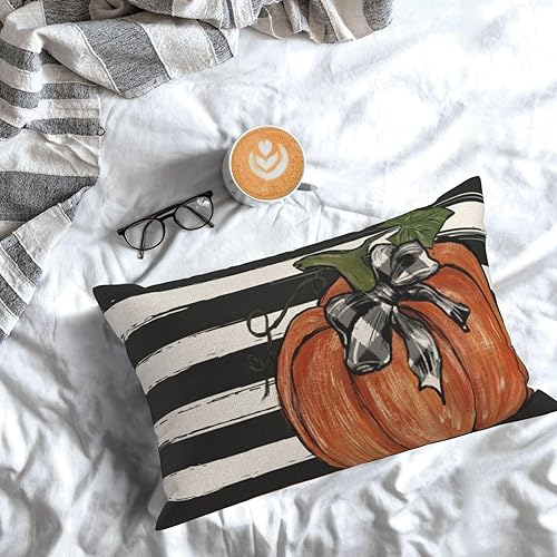 Miniatura 226 de Juego de 2 fundas de almohada de otoño de 18 x 18 pulgadas, hojas de arce de calabaza y búfalo a cuadros, decoración de otoño, de lino, Acción
