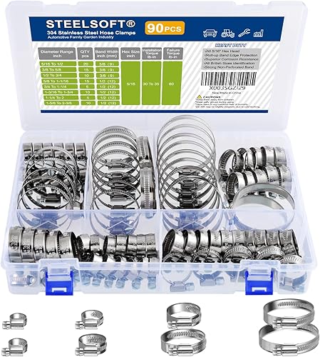 Abrazadera de manguera antideslizante Surtido de 516 a 2-38 pulgadas, 90 piezas resistentes, estándar SAE, todos 516 pulgadas HEX, protección de