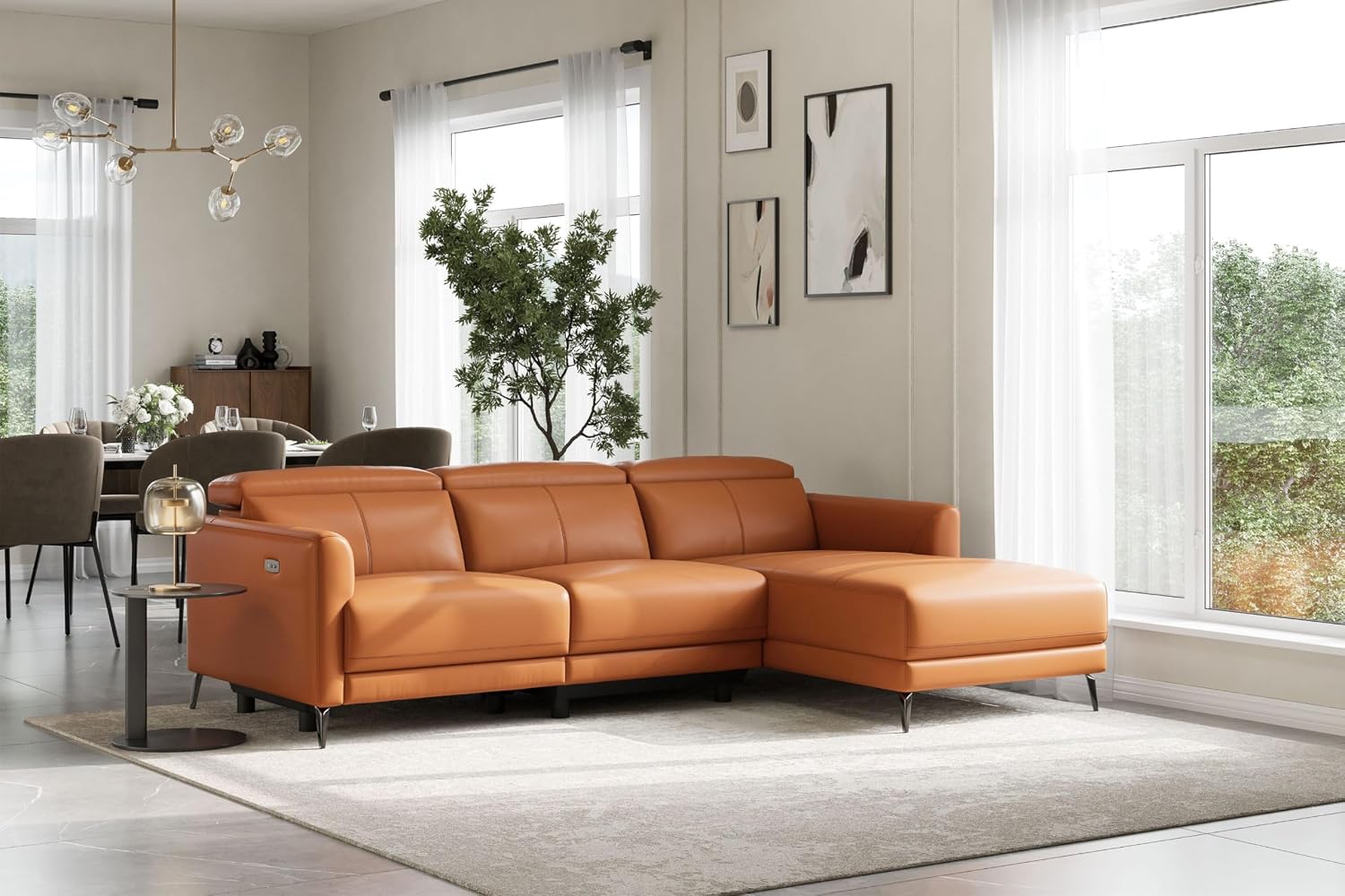 Valencia Andria Reclining Sectional Leather Sofa Right-Facing 99.5" | Italian Nappa 11000 Top-Grain Leather Reclining Sofa | Electric Power Recliner | Stainless Steel Leg, Cognac