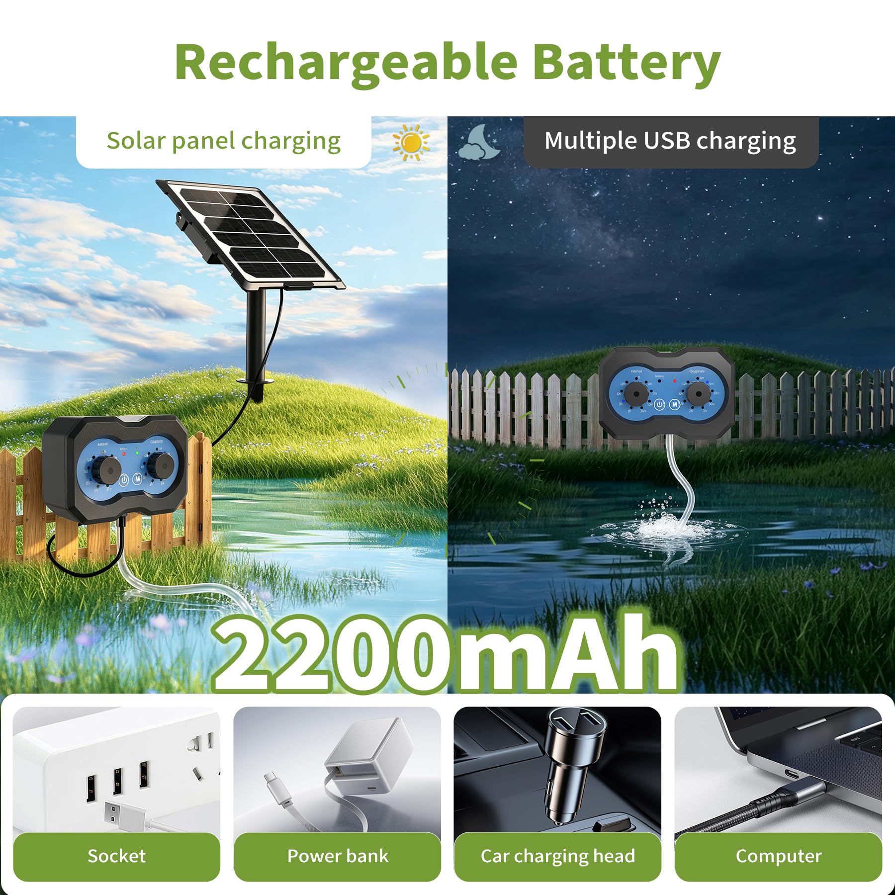 Forever Speed Aireador Solar para Estanque con Batería, 146 Modos Ajustables Bomba de Oxígeno Solar Recargable para Pequeño Estanque, Bomba de Oxígeno Aire Solar Doble Recarga Solar y USB | Aireador Solar para Estanque con Batería 2200mAh con 146 Modos Aj