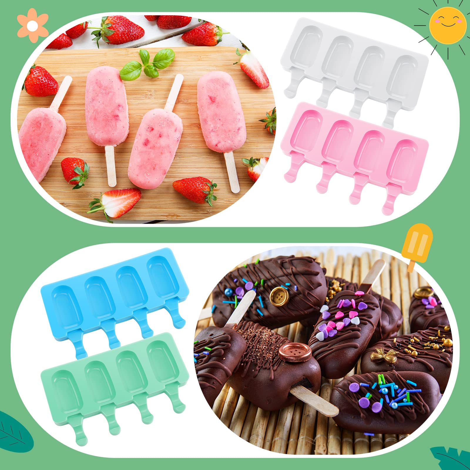 Irenare 12 moldes caseros para tartas, 4 cavidades, moldes ovalados de silicona reutilizables con 50 palos de madera para hacer helados