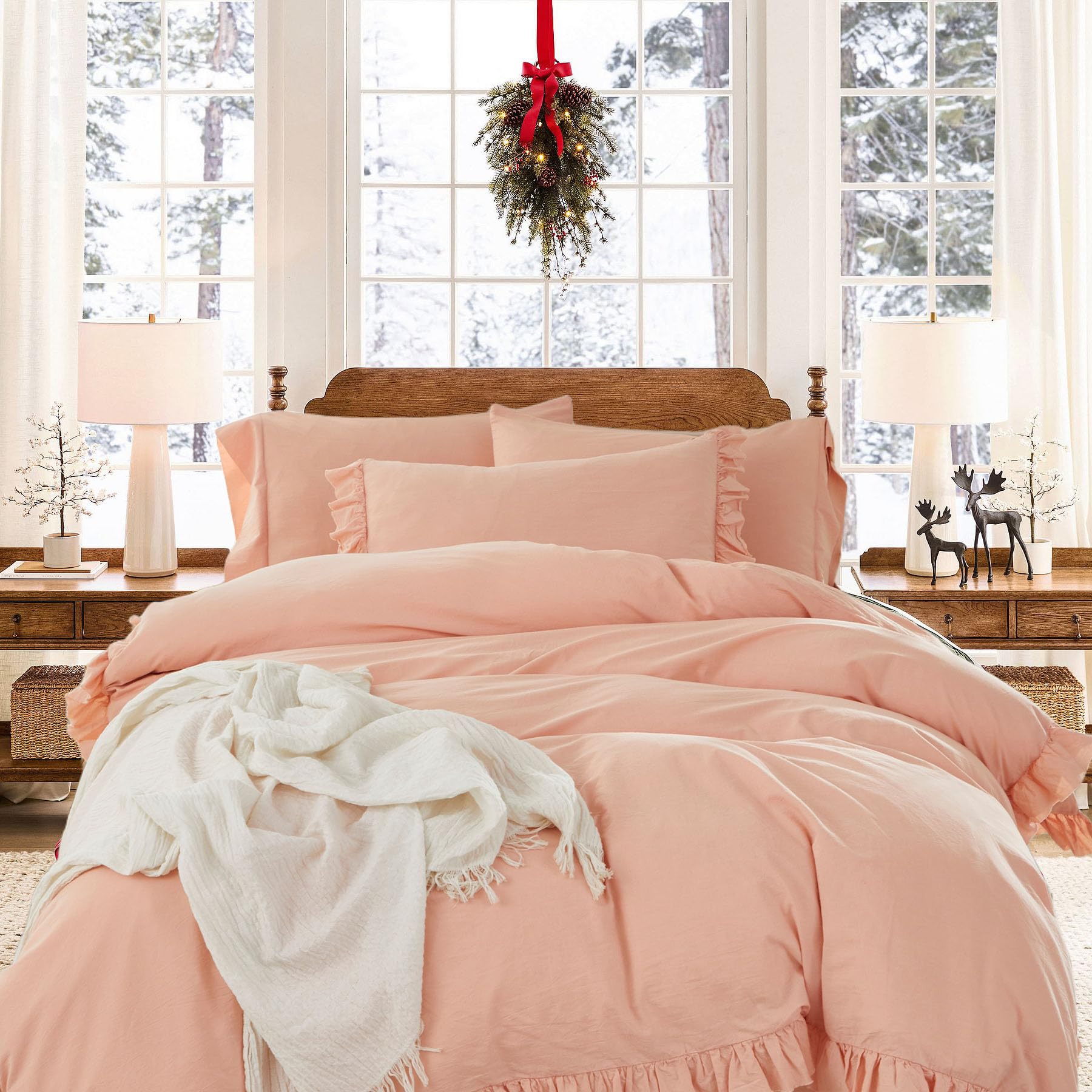 Brandream Kid's Duvet Cover Twin/Twin XL Size,100% Washed Pure Cotton 2pcs Girl Bedding Duvet Cover Set, Ruffled Fringe Solid Color Soft Breathable