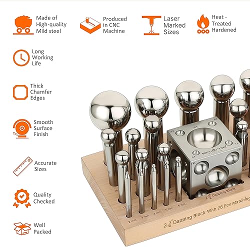 Miniatura 3 de Splenor Tools Bloque de cúpula cuadrado de acero de 2.75 pulgadas y juego de 26 perforadores a juego, para fabricación de joyas, troquel de
