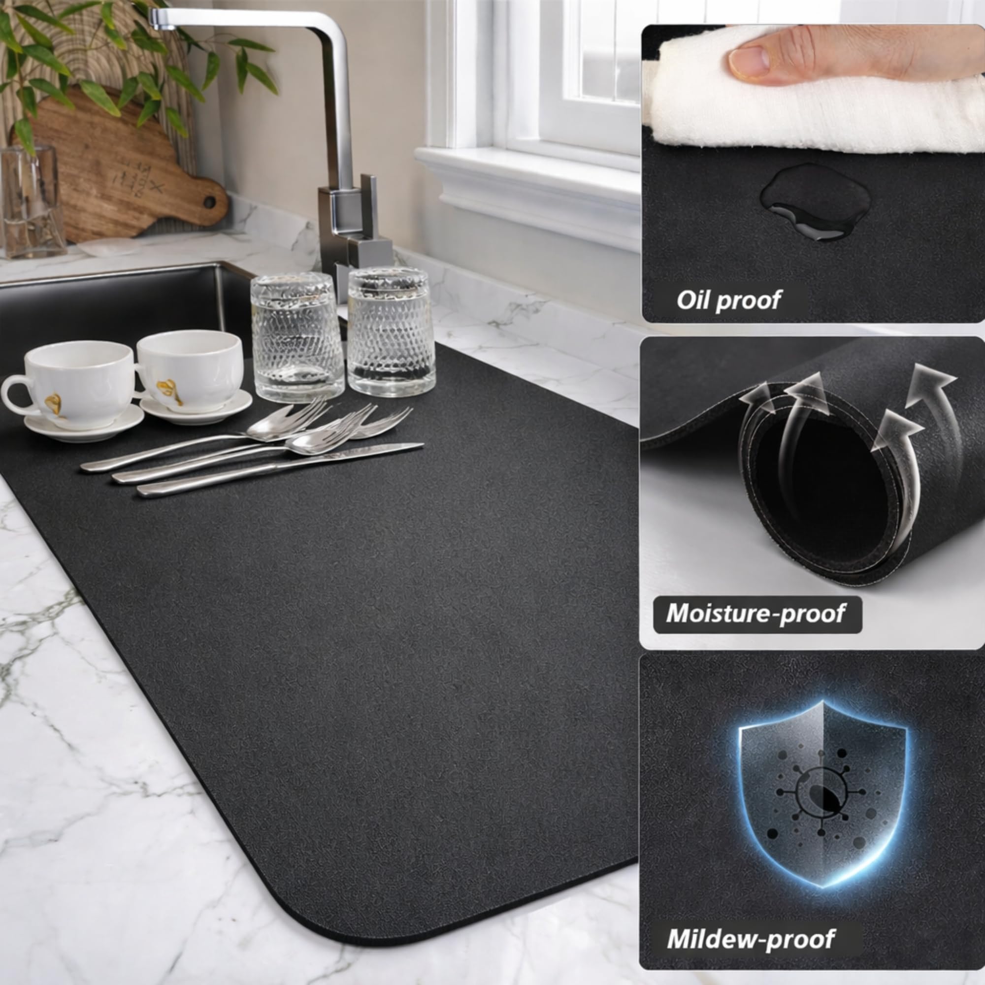 Super Absorbent Kitchen Dish Drying Mat – 60x40 cm Anti-Slip Diatomite Drying Pad for Kitchen Counter, Quick Dry Coffee Machine Mat, Multipurpose Waterproof & Heat Resistant Mat (Black) 3